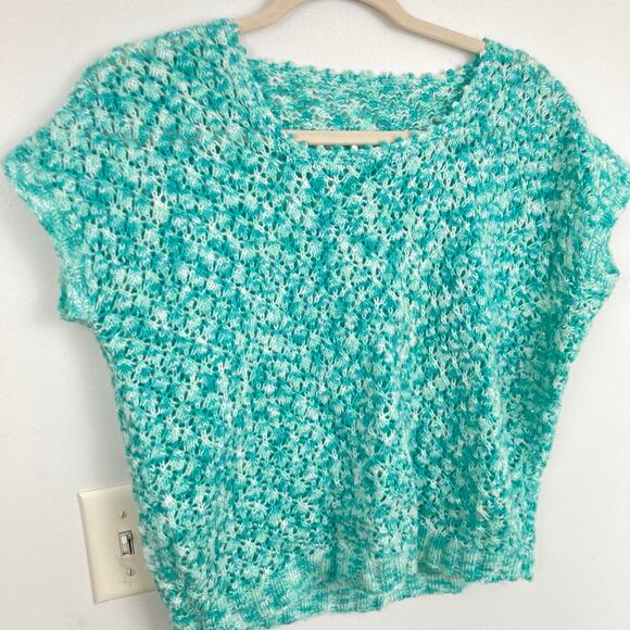 Handmade Womens L Green Marled Crochet Crop Short Sleeve Sweater Retro Cottage - Picture 1 of 6